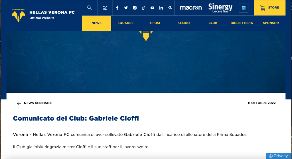 Hellas Verona Ufficiale L Esonero Di Cioffi Scelto Il Sostituto