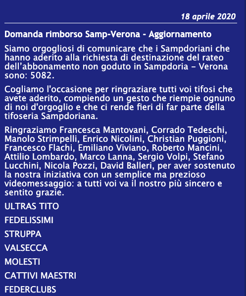 Rimborso Samp-Verona: grande successo dell'iniziativa